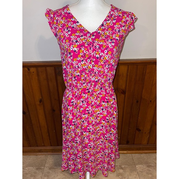 Womens a.n.a Pink Floral‎ Yellow Blue Midi Spring Dress Elastic Waist Size 8T - Picture 1 of 7